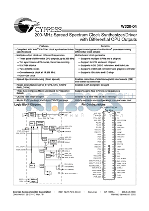 W320-04H datasheet - 200-MHz Spread Spectrum Clock Synthesizer/Driver with Differential CPU Outputs
