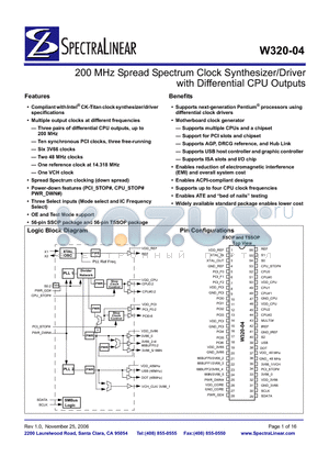 W320-04H datasheet - 200 MHz Spread Spectrum Clock Synthesizer/Driver with Differential CPU Outputs