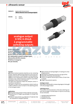 UT18002A datasheet - Diffuse reflection sensor (analogue/digital)