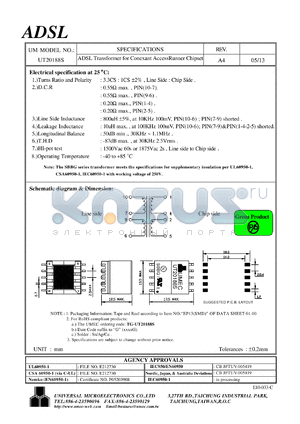 UT20188S datasheet - ADSL Transformer for Conexant AccessRunner Chipset