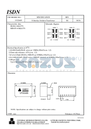 UT20495 datasheet - S- INTERFACE ISOLATION TRANSFORMER