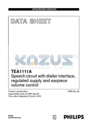 TEA1111AT datasheet - Speech circuit with dialler interface, regulated supply and earpiece volume control