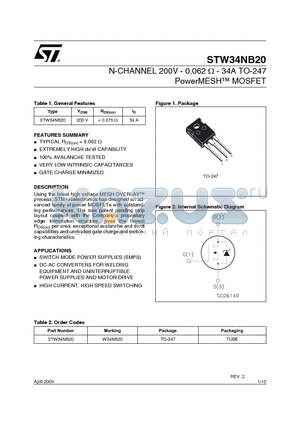W34NB20 datasheet - N-CHANNEL 200V - 0.062 OHM - 34A TO-247 PowerMESH MOSFET