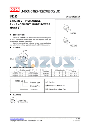 UT2301 datasheet - 2.8A, 20V P-CHANNEL ENHANCEMENT MODE POWER MOSFET