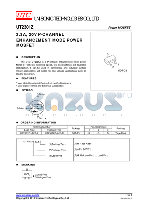 UT2301ZG-AE3-R datasheet - 2.3A, 20V P-CHANNEL ENHANCEMENT MODE POWER MOSFET