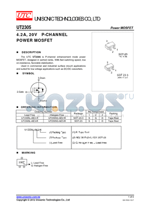 UT2305G-AE2-R datasheet - 4.2A, 20V P-CHANNEL POWER MOSFET