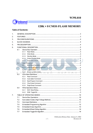 W39L010 datasheet - 128K X 8 CMOS FLASH MEMORY