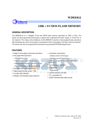 W39L020P-70B datasheet - 128K X 8 CMOS FLASH MEMORY