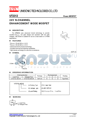 UT2312 datasheet - 20V N-CHANNEL ENHANCEMENT MODE MOSFET