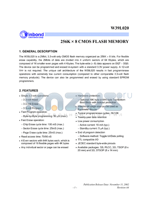W39L020P-70 datasheet - 256K  8 CMOS FLASH MEMORY