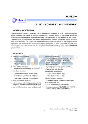 W39L040 datasheet - 512 K X 8 CMOS FLASH MEMORY