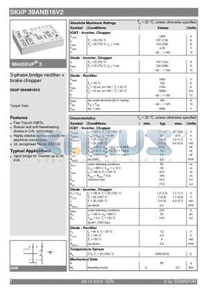 SKIIP39ANB16V2 datasheet - 3-phase bridge rectifier  brake chopper