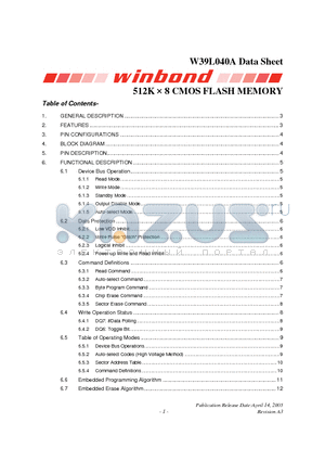 W39L040A datasheet - 512K  8 CMOS FLASH MEMORY