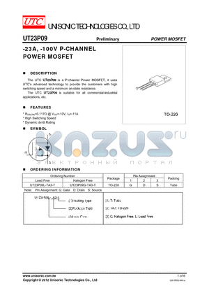 UT23P09G-TA3-T datasheet - -23A, -100V P-CHANNEL POWER MOSFET