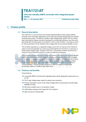 TEA1721AT-N1 datasheet - Ultra-low standby SMPS controller with integrated power switch