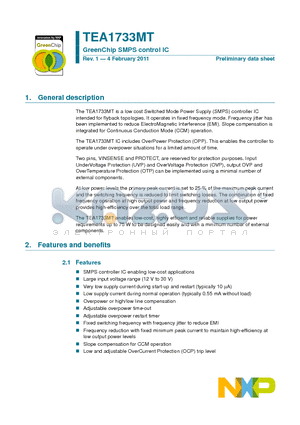 TEA1733MT datasheet - GreenChip SMPS control IC Adjustable overpower time-out