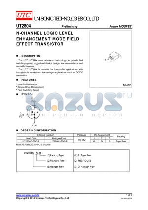 UT2804G-TN3-R datasheet - N-CHANNEL LOGIC LEVEL ENHANCEMENT MODE FIELD EFFECT TRANSISTOR