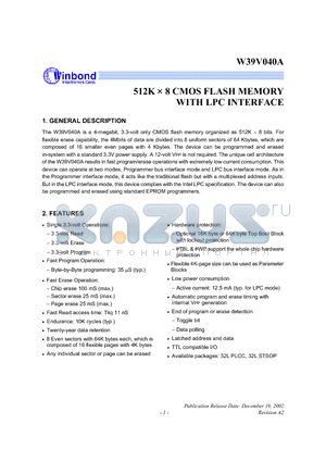 W39V040A datasheet - 512K  8 CMOS FLASH MEMORY WITH LPC INTERFACE