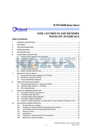 W39V040BQZ datasheet - 512K  8 CMOS FLASH MEMORY WITH LPC INTERFACE