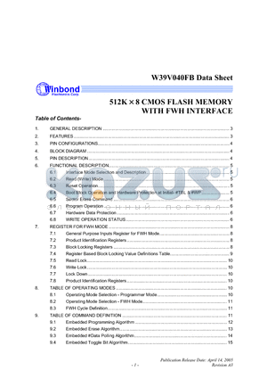 W39V040FBPZ datasheet - 512K X 8 CMOS FLASH MEMORY WITH FWH INTERFACE