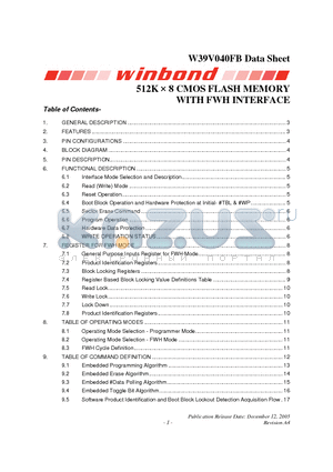 W39V040FB_07 datasheet - 512K  8 CMOS FLASH MEMORY WITH FWH INTERFACE