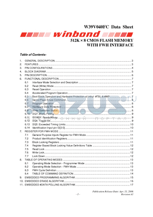 W39V040FCQZ datasheet - 512K  8 CMOS FLASH MEMORY WITH FWH INTERFACE