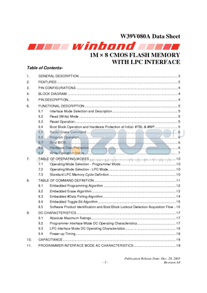 W39V080A datasheet - 1M  8 CMOS FLASH MEMORY WITH LPC INTERFACE