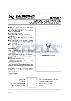 TEA2018 datasheet - CURRENT MODE SWITCHING POWER SUPPLY CONTROL CIRCUIT