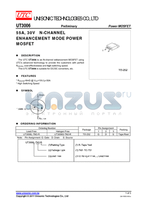 UT3006L-TN3-R datasheet - 55A, 30V N-CHANNEL ENHANCEMENT MODE POWER MOSFET