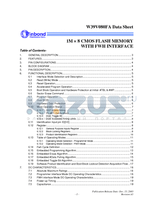 W39V080FAT datasheet - 1M  8 CMOS FLASH MEMORY WITH FWH INTERFACE