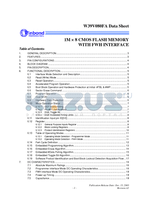 W39V080FATZ datasheet - 1M  8 CMOS FLASH MEMORY WITH FWH INTERFACE