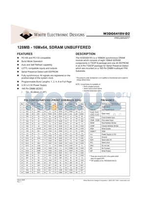 W3DG6318V75D2XX datasheet - 128MB - 16Mx64, SDRAM UNBUFFERED