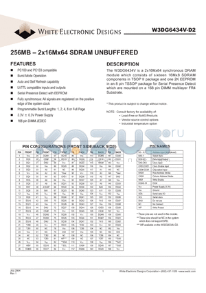 W3DG6334V10D2 datasheet - 256MB - 2x16Mx64 SDRAM UNBUFFERED