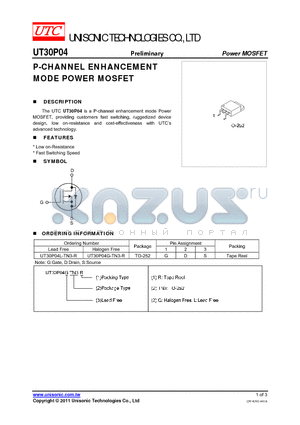 UT30P04 datasheet - P-CHANNEL ENHANCEMENT MODE POWER MOSFET