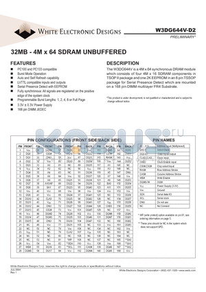 W3DG634V10D2 datasheet - 32MB - 4M x 64 SDRAM UNBUFFERED