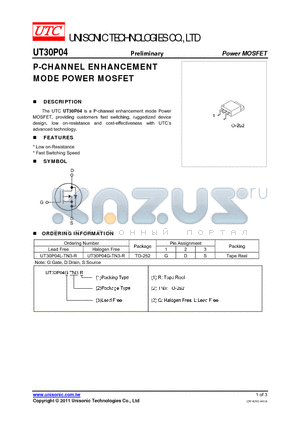 UT30P04L-TN3-R datasheet - P-CHANNEL ENHANCEMENT MODE POWER MOSFET