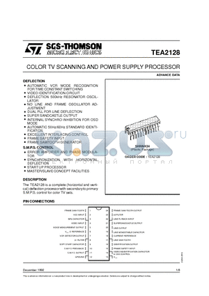 TEA2128 datasheet - COLOR TV SCANNING AND POWER SUPPLY PROCESSOR