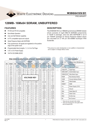 W3DG6416V7D1 datasheet - 128MB- 16Mx64 SDRAM, UNBUFFERED