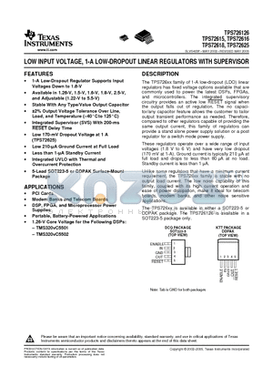 TPS72615KTTR datasheet - LOW INPUT VOLTAGE, 1-A LOW-DROPOUT LINEAR REGULATORS WITH SUPERVISOR