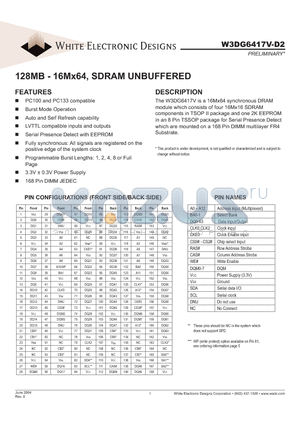 W3DG6417V10D2 datasheet - 128MB - 16Mx64, SDRAM UNBUFFERED