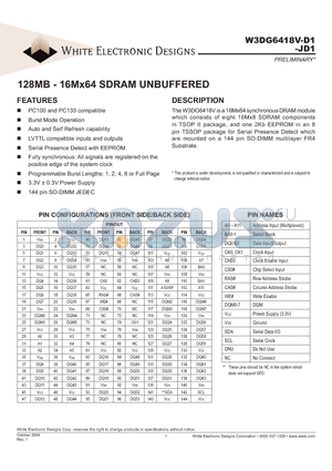 W3DG6418V-JD1 datasheet - 128MB - 16Mx64 SDRAM UNBUFFERED