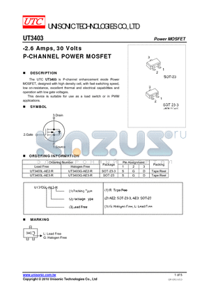 UT3403L-AE2-R datasheet - -2.6 Amps, 30 Volts P-CHANNEL POWER MOSFET