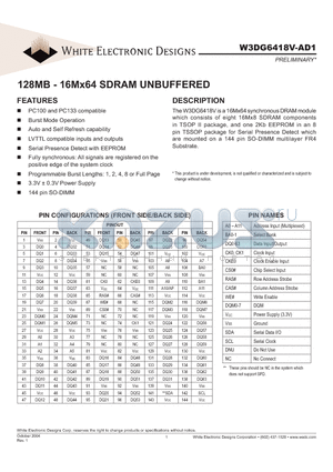 W3DG6418V75AD1 datasheet - 128MB - 16Mx64 SDRAM UNBUFFERED