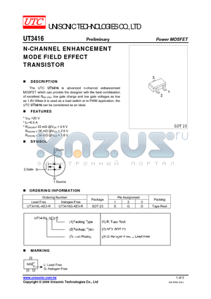 UT3416L-AE3-R datasheet - N-CHANNEL ENHANCEMENT MODE FIELD EFFECT TRANSISTOR