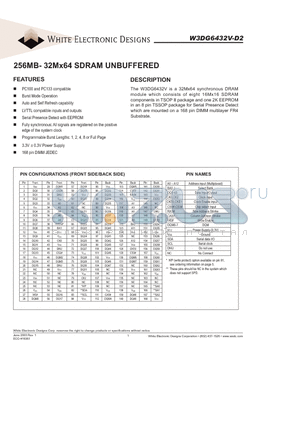 W3DG6432V7D2 datasheet - 256MB- 32Mx64 SDRAM UNBUFFERED