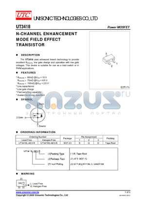 UT3418 datasheet - N-CHANNEL ENHANCEMENT MODE FIELD EFFECT TRANSISTOR