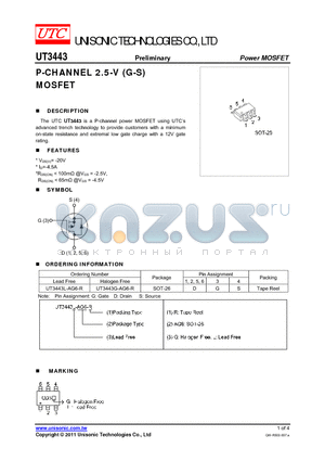 UT3443L-AG6-R datasheet - P-CHANNEL 2.5-V (G-S) MOSFET