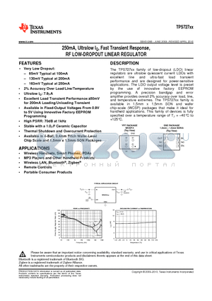 TPS72711YFFR datasheet - 250mA, Ultralow IQ, Fast Transient Response, RF LOW-DROPOUT LINEAR REGULATOR