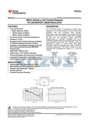 TPS72711YFFR datasheet - 250mA, Ultralow IQ, Fast Transient Response, RF LOW-DROPOUT LINEAR REGULATOR