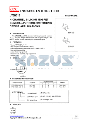 UT3N01ZG-AL3-R datasheet - N CHANNEL SILICON MOSFET GENERAL-PURPOSE SWITCHING DEVICE APPLICATIONS